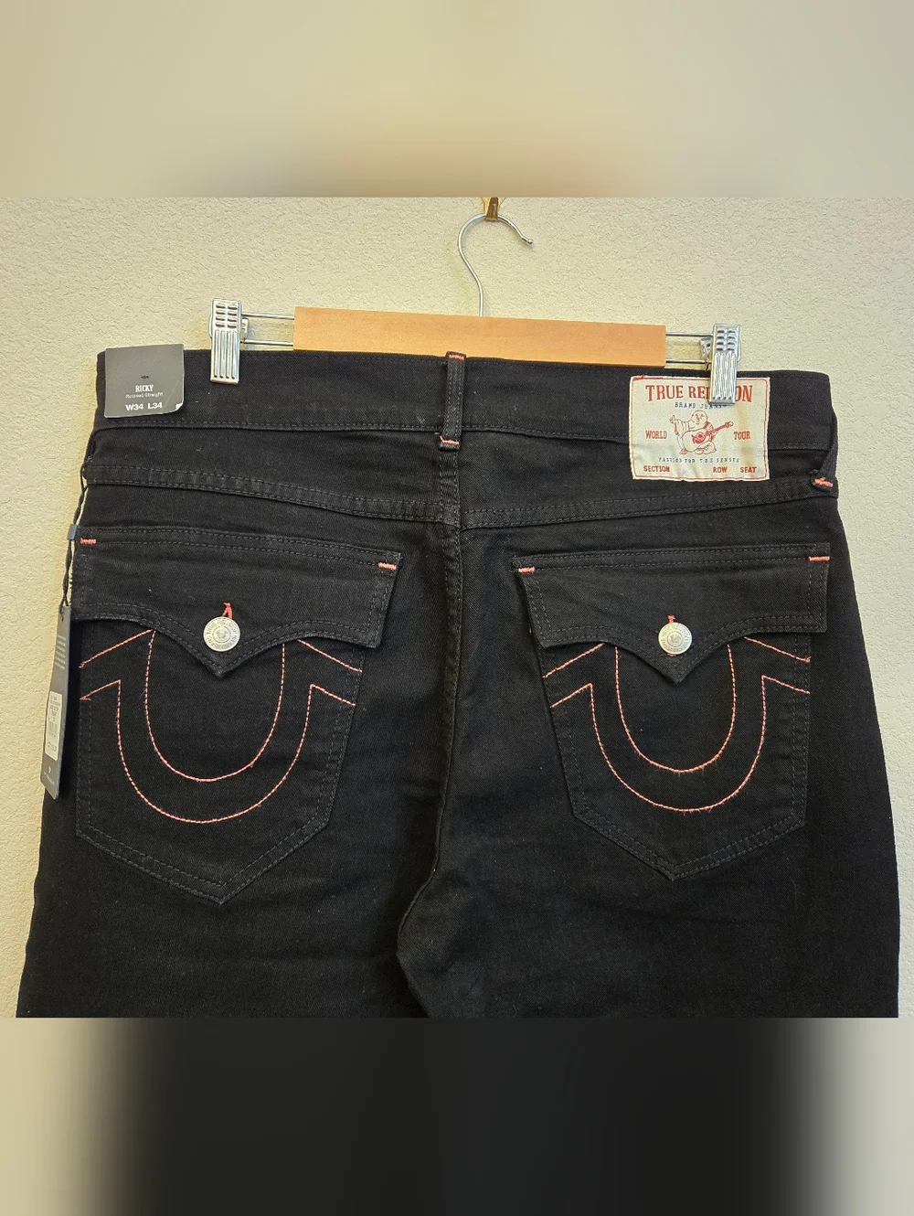 True Religion Mens Sz 34x34 Ricky Straight Relaxed Black Denim Flap Pockets